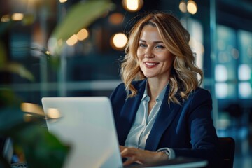 Fototapeta premium Mature female entrepreneur in office working on laptop.