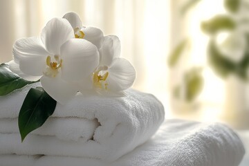 The luxurious spa room, a comfortable massage bed draped with crisp white towels. Fresh flowers 