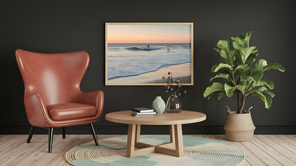 interior design mockup vintage red leather armchair and round wooden table with black picture frame on it against dark wall Coastal Calm Sand beige seafoam green light blue white Trompelil