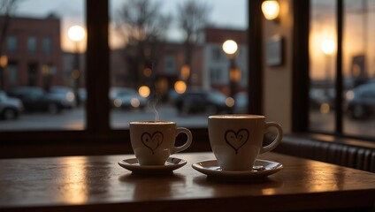 Two steaming coffee cups with heart designs sit on a wooden table, with a blurred sunset and city scene in the background.
