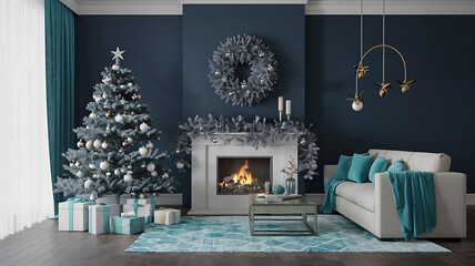 interior design mockup Weihnachtsbaum im Zimmer mit Kamin interior 3d Under the Sea Aqua coral turquoise deep navy Illustrative Realism