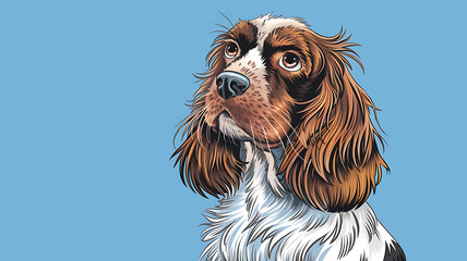 Naklejka premium interior design mockup Studio portrait of a Spaniel dog with a rich mahogany coat looking off to the side with a curious expression on its face Sapphire Blue Deep blue gold white charcoal Sketching