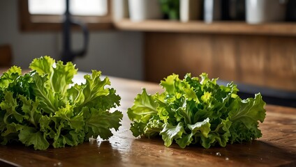 Fresh, vibrant green lettuce heads are placed on a wooden table, with a softly blurred background of plants.