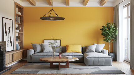 interior design mockup Minimalist interior design of modern living room Rustic barn wood coffee table near corner sofa against wall with fireplace frame and shelf Tech Brights Cyan magenta bright yel