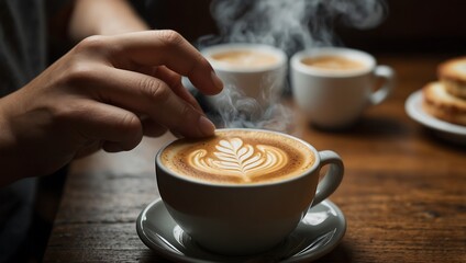 A hand reaches toward a steaming cup of latte art, featuring a detailed leaf design, with more cups and pastries in the background.