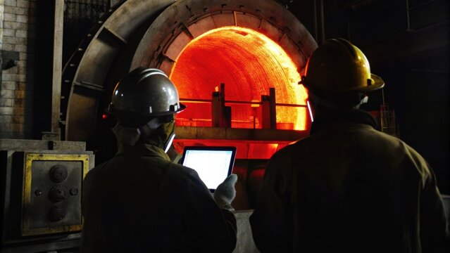 Workers in protective gear analyzing a large ceramic kiln with glowing red interiors and hightech monitoring equipment displaying realtime temperature and pressure data.
