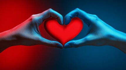 Fototapeta premium red and blue two hands making a heart with the fingers red and blue image