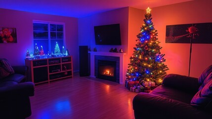The warm glow of Christmas tree lights illuminating the room, casting colorful reflections on nearby ornaments, creating a cozy