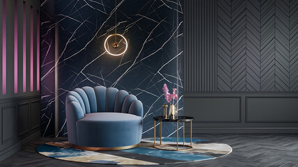 interior design mockup Blue velvet round chair in a dark marble interior with golden hanging circle interior design 3d render Cyberpunk Neon purple bright cyan magenta dark gray Tribal Patterns
