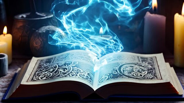 Open spell book with glowing pages. The spell book lies open, its glowing pages illuminating the path to powerful spells and mystical adventures.