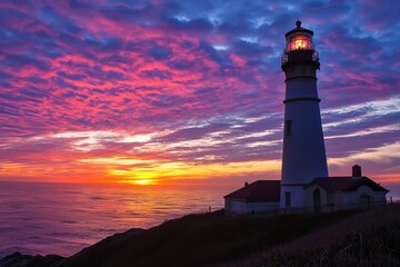 Stunning sunset view a lighthouse in Santa Cruz, surrounded by vibrant colors