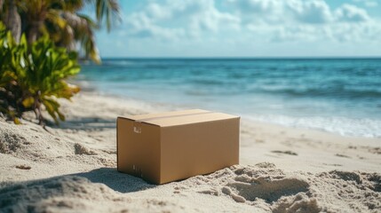 Cardboard Box Rests on Tropical Beach Sand