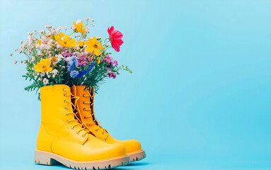 Yellow boots filled with fresh flowers over light blue background and empty space for text. Colorful and fun boots isolated.