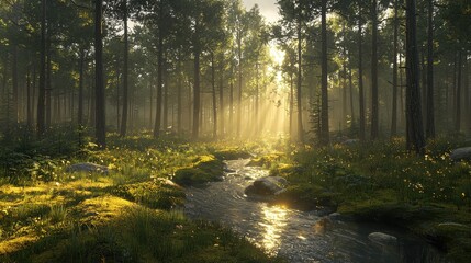 Obraz premium A serene forest with towering pine trees and golden sunlight filtering through the dense canopy, creating dappled light on the mossy forest floor. A small stream winds gently through the scene, 