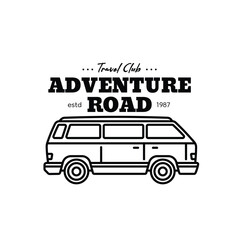 The emblem of the travelers club with the image of an old van. Original vector illustration in vintage style. T-shirt design.