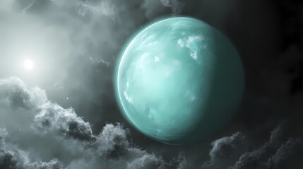 Blue-green glowing planet in dense cosmic clouds. Edenic. Illustration