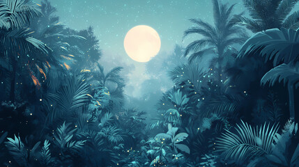 Celestial tapestry: ethereal jungle oasis bathed in bioluminescence. Edenic. Illustration
