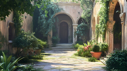 Fototapeta premium Charming rustic courtyard of an ancient italian villa surrounded by lush greenery and edenic architectural details in tranquil setting. Edenic. Illustration