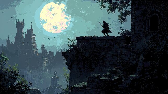 A stealthy assassin leaping from the shadows to engage a heavily armored guard in a tense duel on a castle parapet. The moonlight casts dramatic shadows, adding mystery and suspense to the scene. 