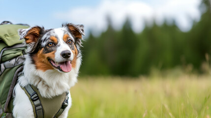Happy dog with backpack in green meadow.