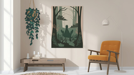 interior design mockup Mystical Forest Meditation Muted greens and browns hanging plants natural lighting a calming and serene space Vintage Poster Mustard teal coral cream Fantasy Art