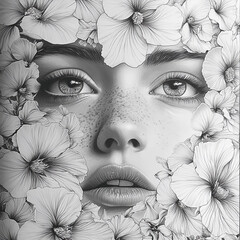 Intricate pencil drawing of a woman's face surrounded by delicate flowers, coloring book