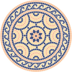 Mosaic circular ornament in blue, yellow and pink coors in classic style. For ceramics, tiles, ornaments, backgrounds and other projects.	
