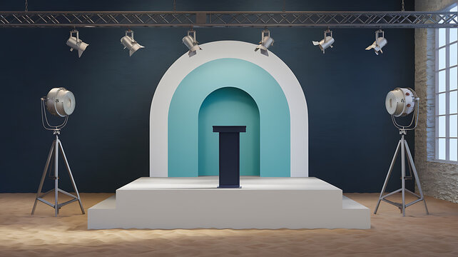interior design mockup 3D rendering of a white minimalist room with a podium and spotlights interior design architecture stage pedestal spotlight 3d rendering Ocean Breeze Teal navy seafoam sand beig