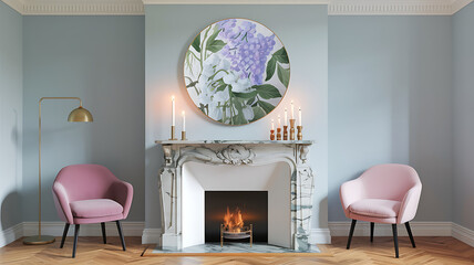 interior design mockup A mantelpiece with a golden frame and lighted candles on it with a marble background and a fireplace below it Spring Bloom Lilac mint green soft pink baby blue Medical Illustra