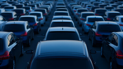 Fototapeta premium Rows of parked cars under twilight sky.