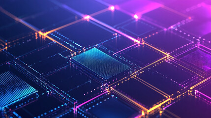 changing colors from blue to purple. technologies of the future. Futuristic digital grid with glowing cubes and interconnected lines, 