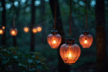 Obraz premium Floating heart-shaped glass lanterns with warm glowing lights