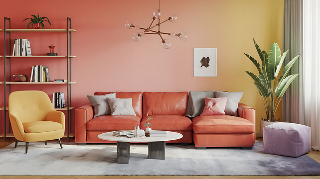 interior design mockup rot leder sofa 3d Gradient Burst Coral peach soft yellow lavender Game Concept Art