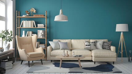 interior design mockup Beige armchair near sofa Book shelf and floor lamp against blue wall Scandinavian home interior design of modern living room Under the Sea Aqua coral turquoise deep navy Low Co