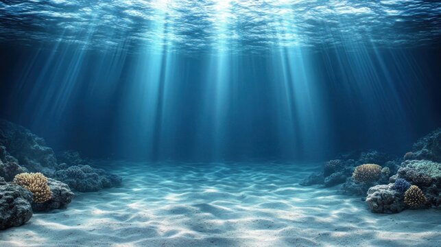 Sunlight beams through clear blue water illuminating a sandy ocean floor with coral reefs.