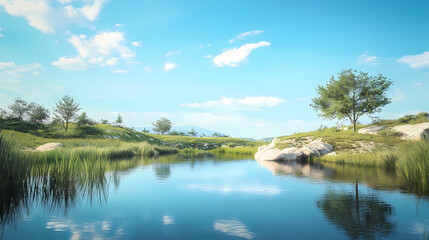 A serene pond reflecting the clear blue sky in eden. Edenic. Illustration