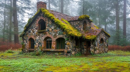 A quaint stone cottage covered in moss sits amid a misty forest, surrounded by lush greenery, This image can be used for themes like nature, decay, and tranquility in design projects or storytelling,