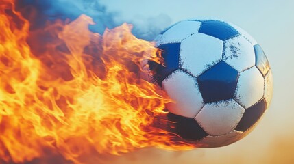 A dynamic image of a soccer ball engulfed in flames, symbolizing energy and intensity, perfect for sports marketing, promotional content, or dynamic visual storytelling in various media,
