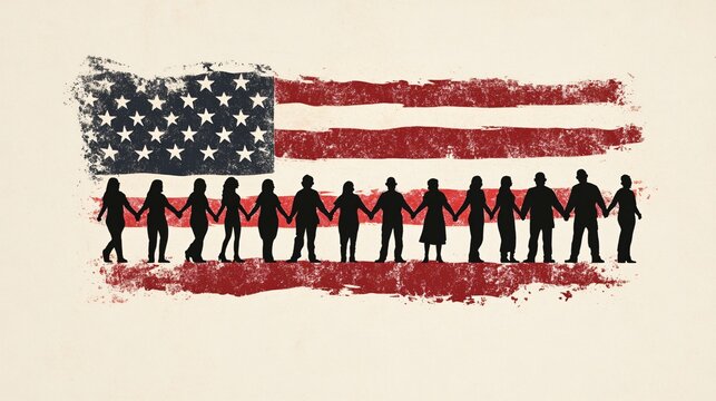 United Peace March Silhouettes with American Flag Background