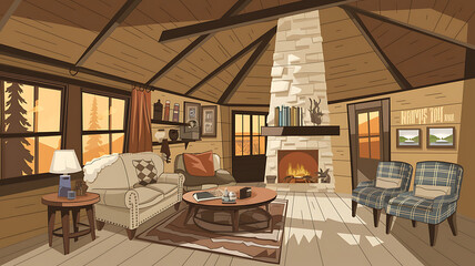 interior design mockup Rustic Cabin Warm browns and creams natural wood beams exposed stone a cozy and inviting mountain retreat feel Savannah Sunset Amber brick red dark brown gold Caricature