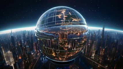 A futuristic globe surrounded by city skyline, showcasing a blend of technology and urban life. - Powered by Adobe
