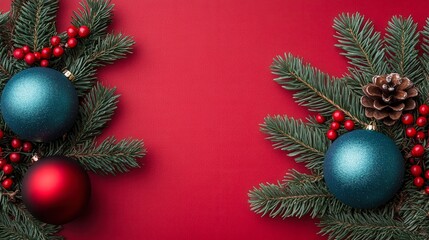 Vibrant arrangement featuring festive ornaments, pine branches, and red berries on a striking red background, perfect for holiday cards, seasonal promotions, or Christmas-themed decorations,