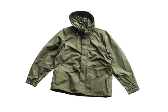 Mens green rain jacket on white backgroundsional