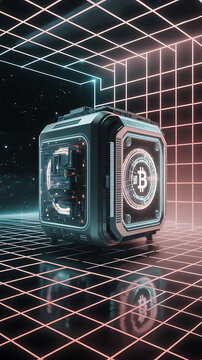 Technology A sleek Bitcoin mining rig glowing in a minimalist futuristic space Photography copyspace Vaporwave Aesthetic Add pastel colors and grid patterns for a retrofuturistic feel