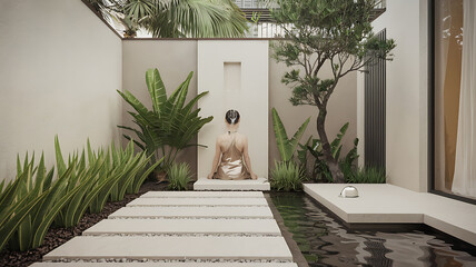 interior design mockup Zen Garden Retreat Earthy greens and neutrals minimalist decor calming water feature a tranquil and meditative space Champagne Elegance Champagne blush cream silver Portraiture