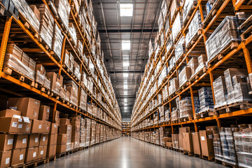 Fototapeta premium Vast Distribution Warehouse with Sky-High Shelves