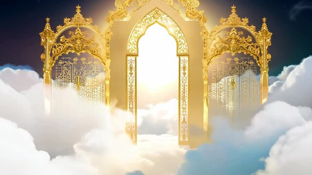 Open golden gates of Paradise against white clouds. Entrance to the afterlife for the righteous. The gates of Paradise are open wide, welcoming the righteous home.