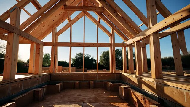 Wooden House Frame Construction with Exposed Beams and Large Windows in a Bright Outdoor Setting

