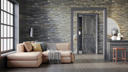 interior design mockup Corner sofa against window in room with stone cladding walls Farmhouse style interior design of modern living room Created with generative AI Rainbow Bright Red orange yellow g