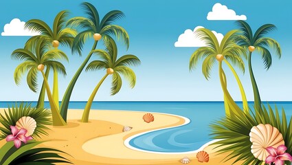 Obraz premium Tropical Beach Scene With Palm Trees And Shells